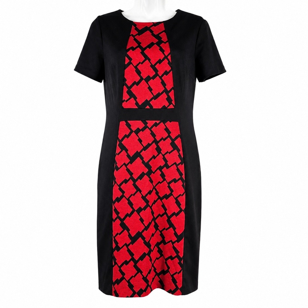 Anne Klein Sheath Dress Women 8 Black Red Geometric Mod Professional Work Office